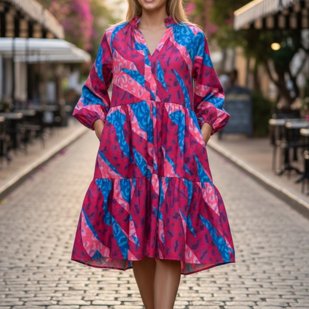 SSYS The Mix Tatum Whimsical Boho Tiered Dress Bright Pink Blue Print Resortcore